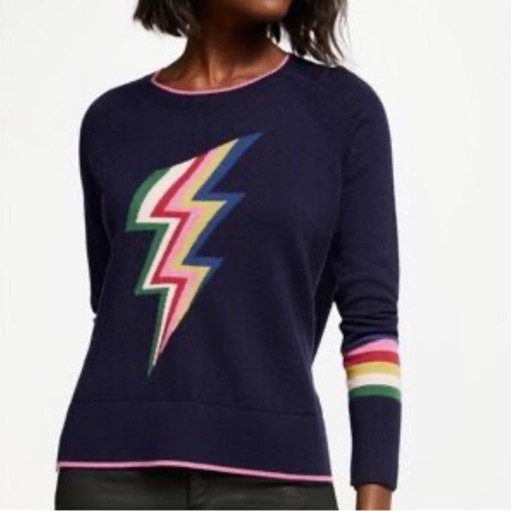 Boden Navy Crewneck Sweater with Multicolor Lightning Bolt